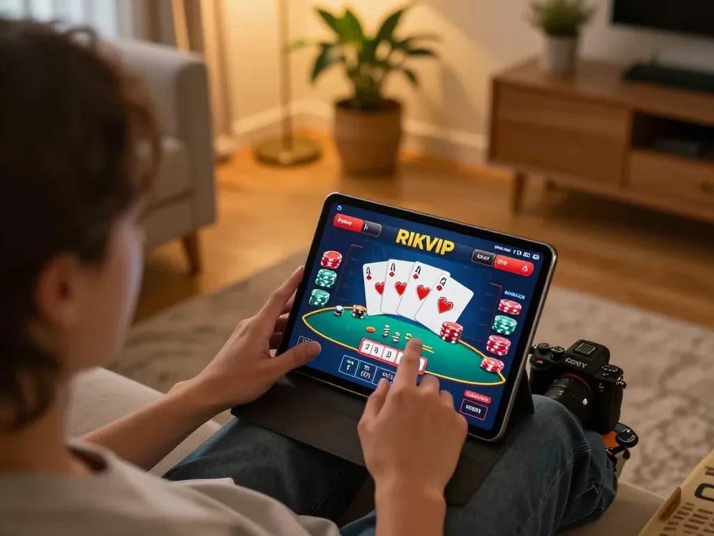 Engaging in online gaming on RIKVIP platform, showcasing lively poker action from a cozy living space.