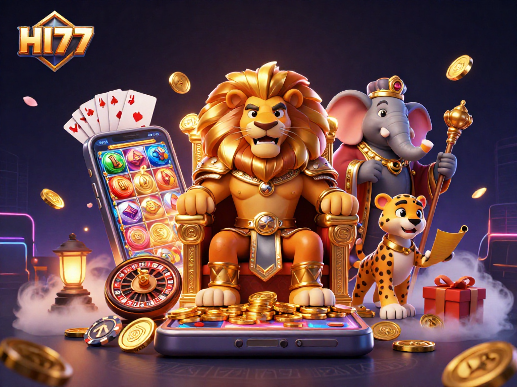 Play games at HI77 with a 3D illustration of a lion king, elephant advisor, and cheetah messenger amidst casino elements.