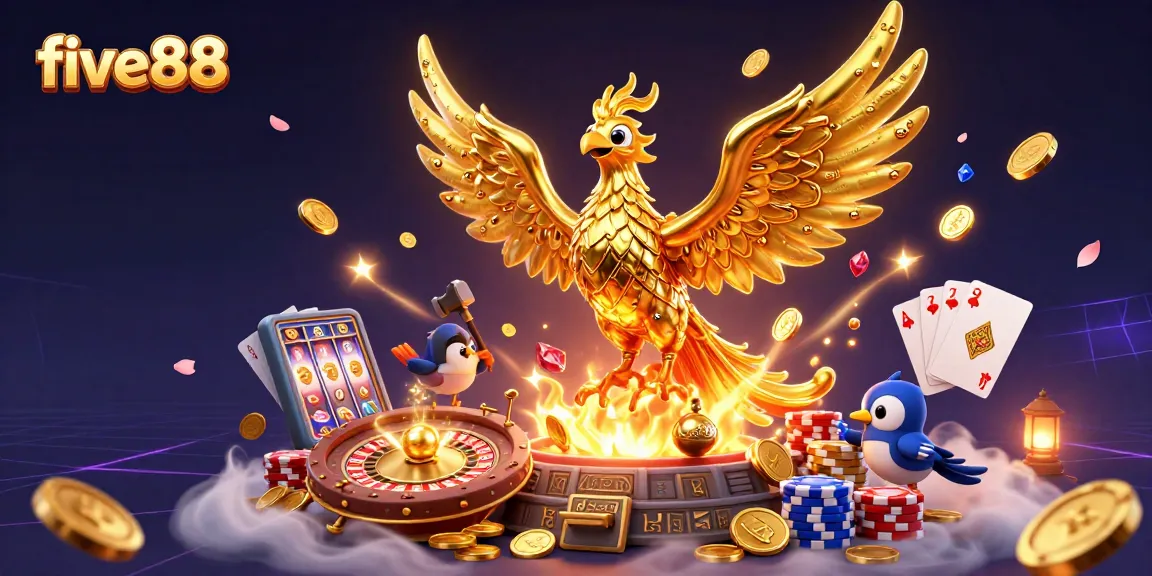 Experience wins with five88, featuring a golden phoenix and classic casino elements in a captivating scene.
