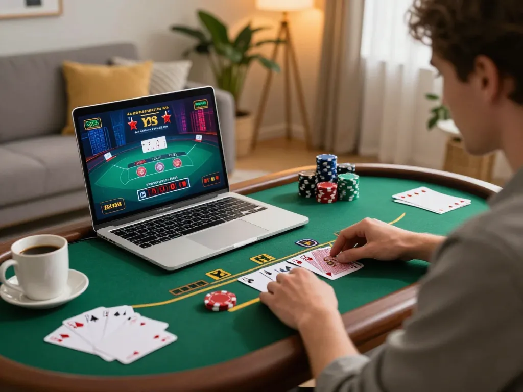 33winn player engaged in live dealer blackjack gaming on a laptop in a cozy home setting