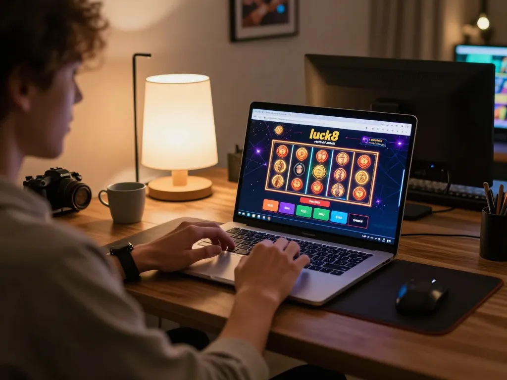 Engaged user at luck8 online casino on laptop, showcasing dynamic gaming setup.