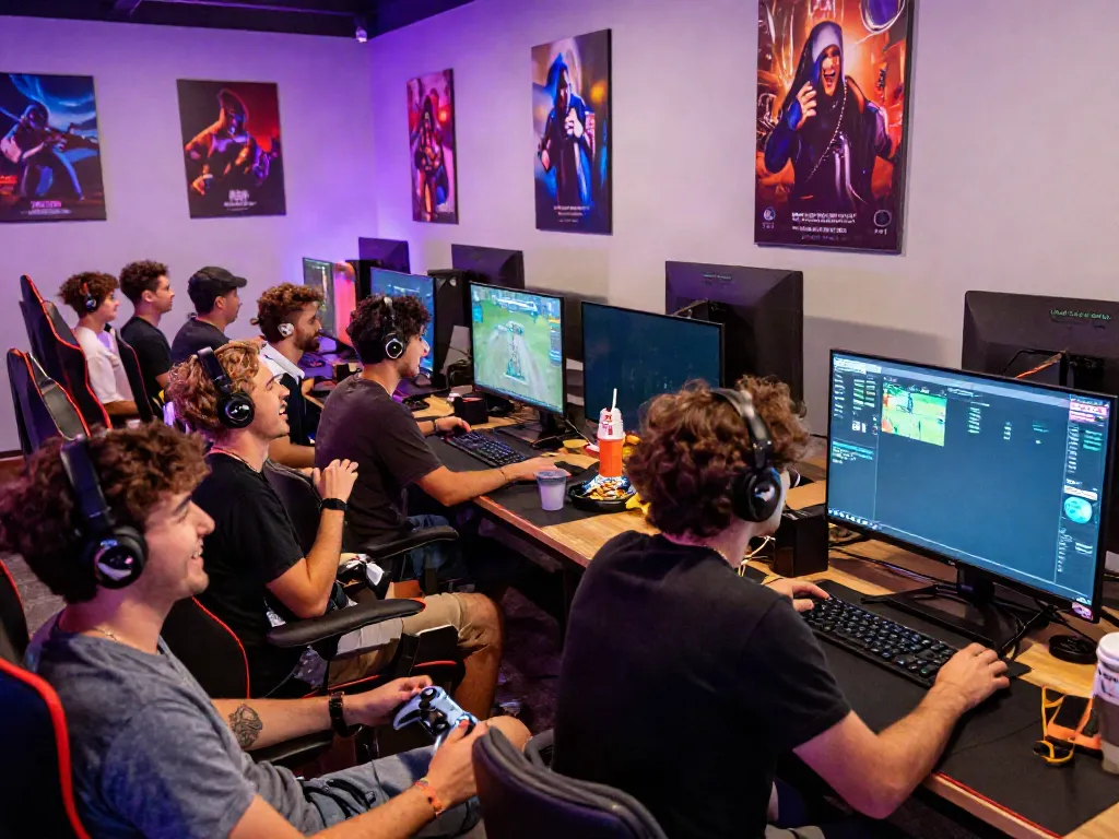 Men enjoying gaming experiences at Manclub, lively atmosphere with vibrant lights and engaging activities.