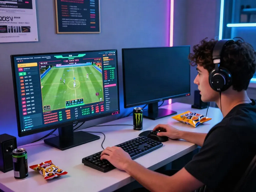 Engaged player at home betting on https://red88.limited/ with dynamic sports graphics on monitors.