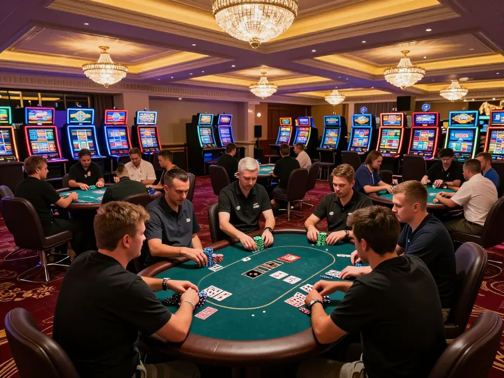 Players actively engaging in Keo nha cai poker game on casino floor, surrounded by vibrant atmosphere.