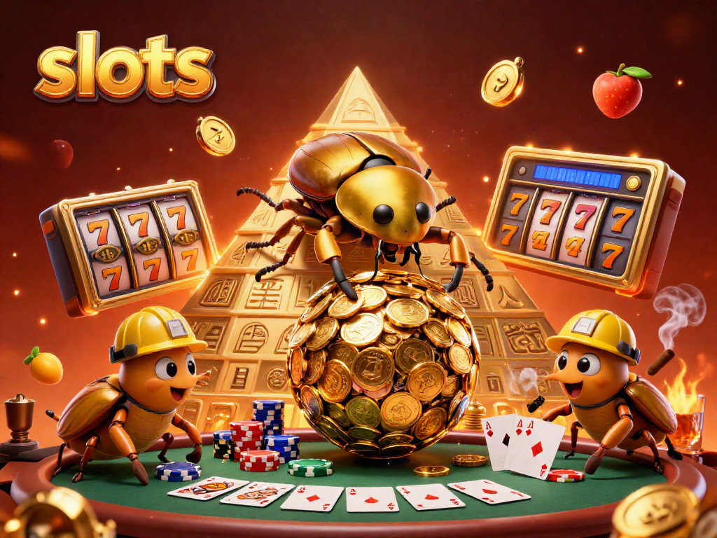 Spin slots with dynamic golden beetles and rich casino elements in 3D illustration.
