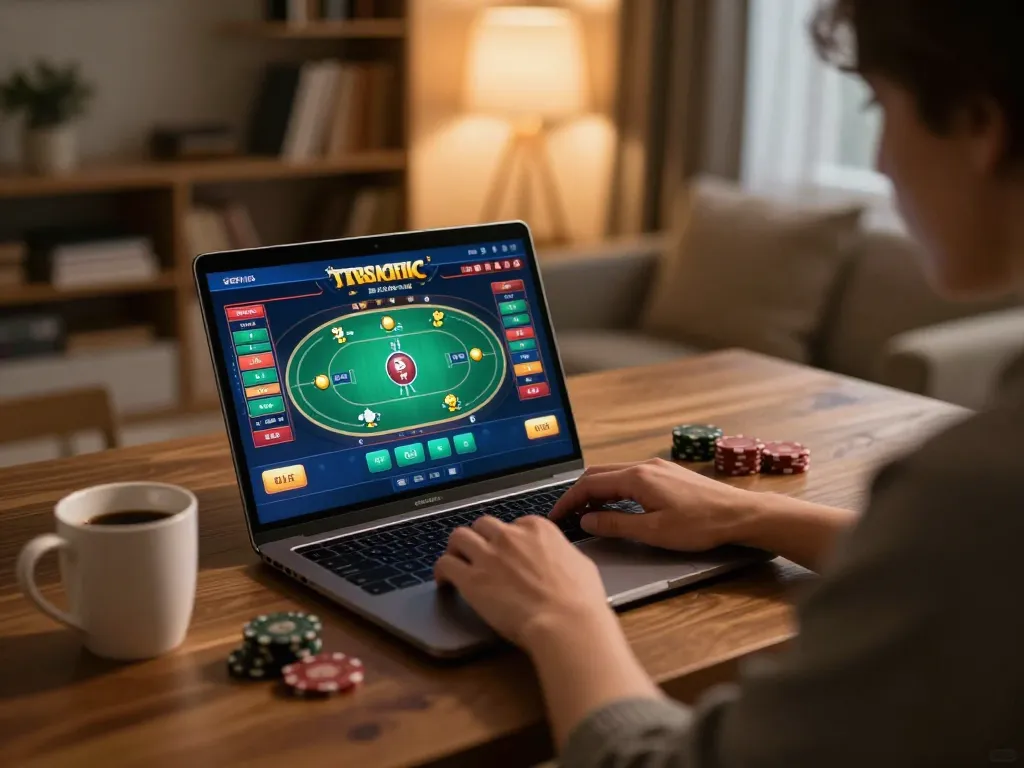 IWIN user enjoying online poker game on a laptop in a cozy home setting
