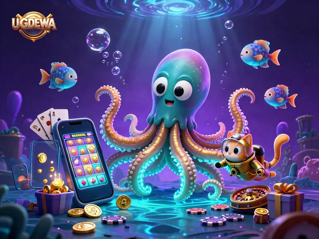 Engage with UGDEWA and dive into thrilling slot games featuring a vibrant kraken and diving cat.