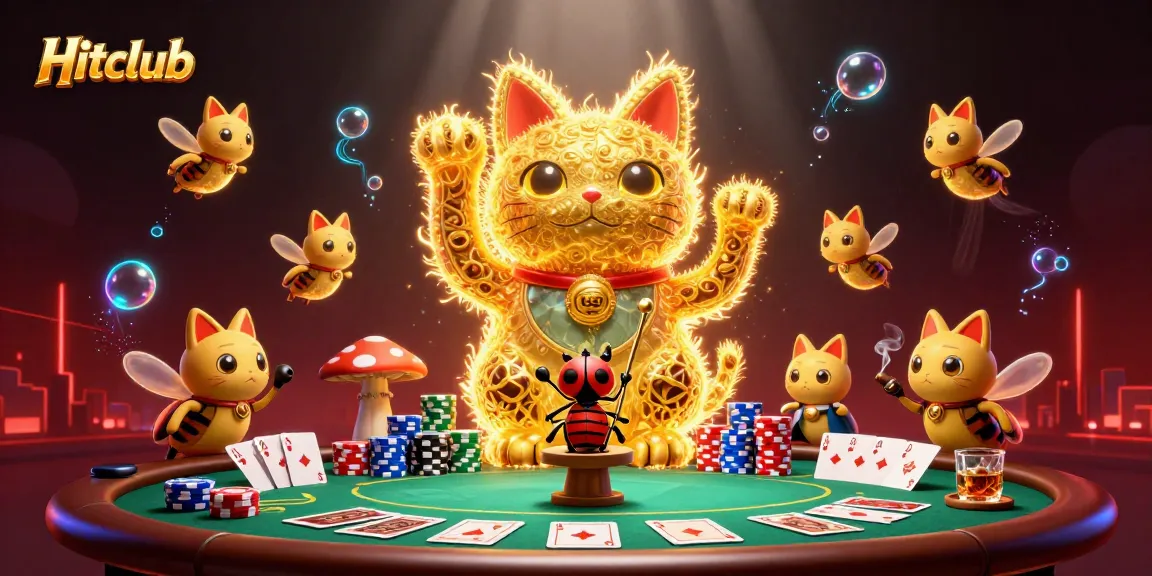 Experience the excitement of Hitclub with a vibrant 3D illustration of a lucky cat themed casino scene.