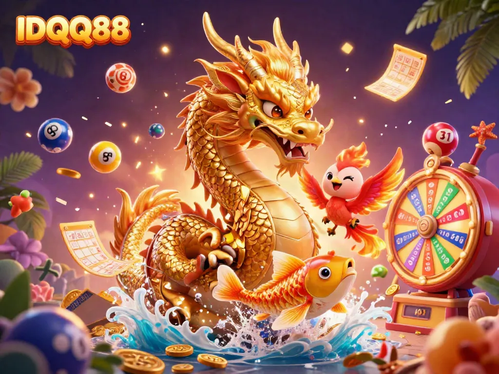 Engage with IDQQ88 and experience a vibrant 3D digital art scene featuring casino elements and mythical creatures.