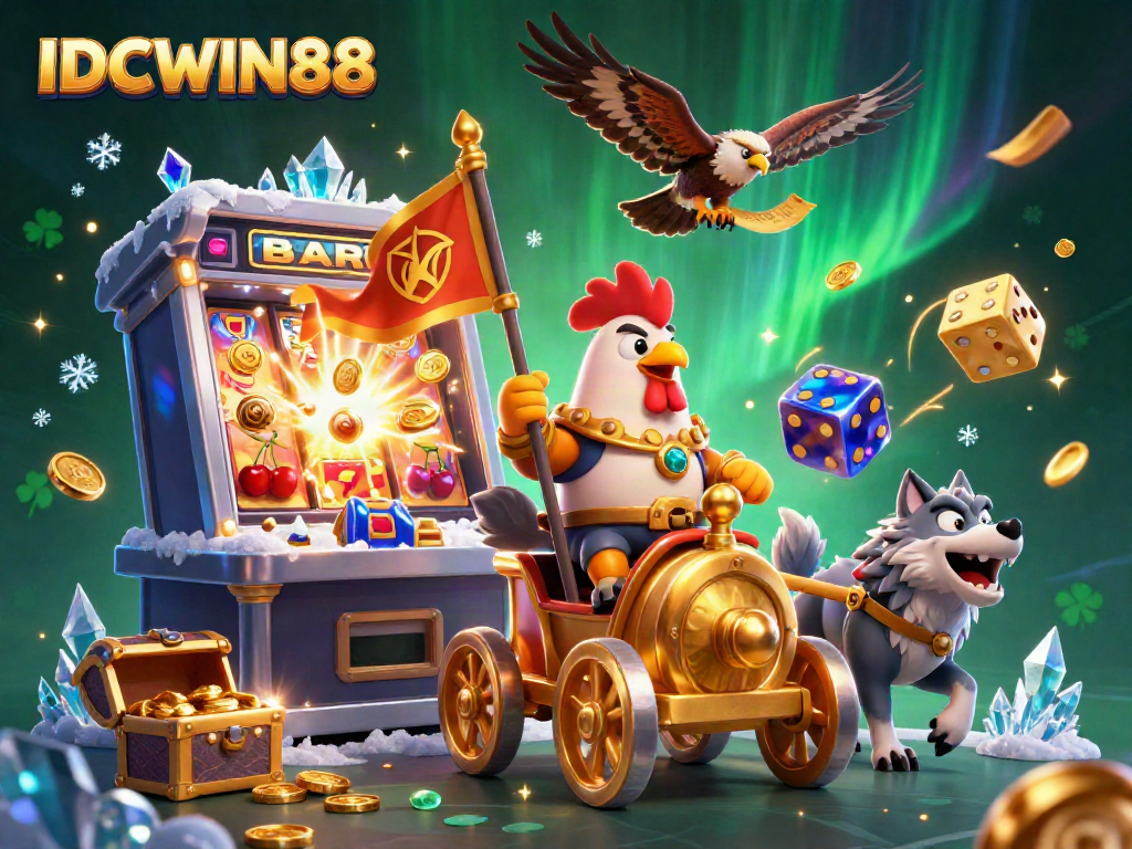 Experience the thrill of IDCWIN88 with vibrant 3D illustration featuring a rooster warlord, golden chariot, and jackpot explosions.