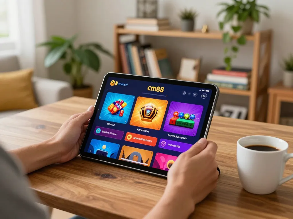 Engaging user playing cm88 online casino on tablet, home atmosphere with gaming elements