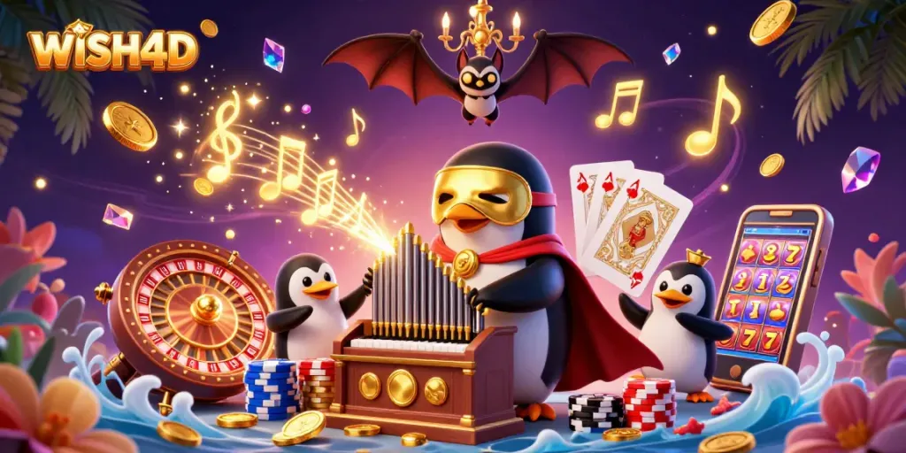 Win big with WISH4D: a vibrant casino scene featuring unique characters and dynamic game elements.