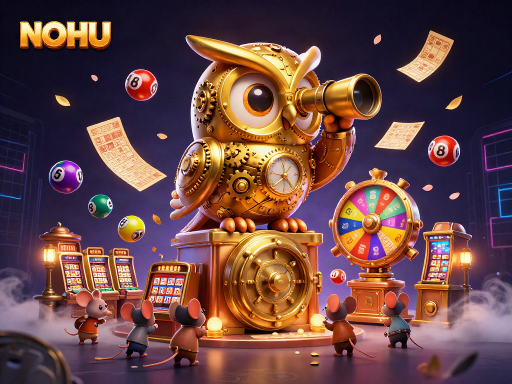 Engaging NOHU illustration with a golden owl on a vault, surrounded by lottery and casino elements.