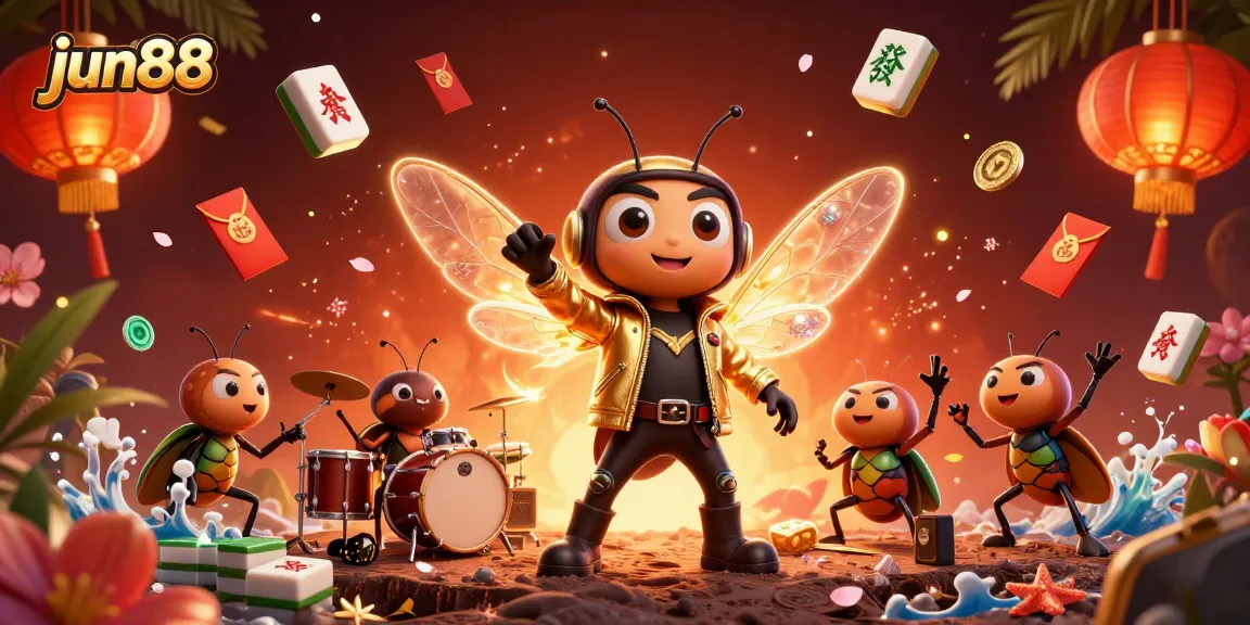 Engage with the fun at jun88, featuring a vibrant 3D illustration of a rock star cicada and a lively casino atmosphere.