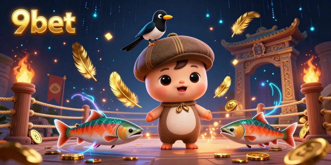 Engage in thrilling gaming with 9bet, featuring animated characters amidst golden tokens and vibrant casino elements.