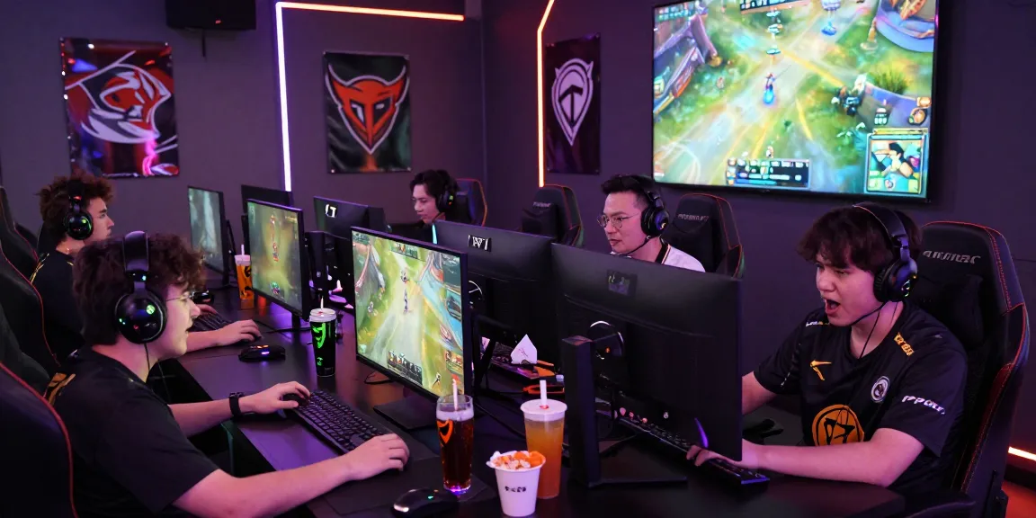 Engaging gaming lounge showcasing players immersed in an Overwatch 2 Cheat competition, vibrant neon lights, and competitive atmosphere.