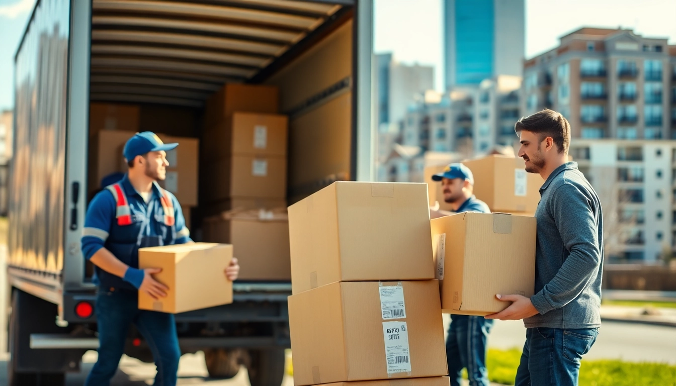 Calgary movers energetically loading boxes into a truck in a bustling city setting.