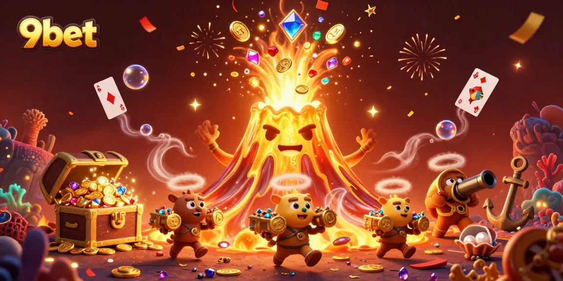 Win big with 9bet as a golden volcano erupts treasure in a vibrant 3D casino scene.