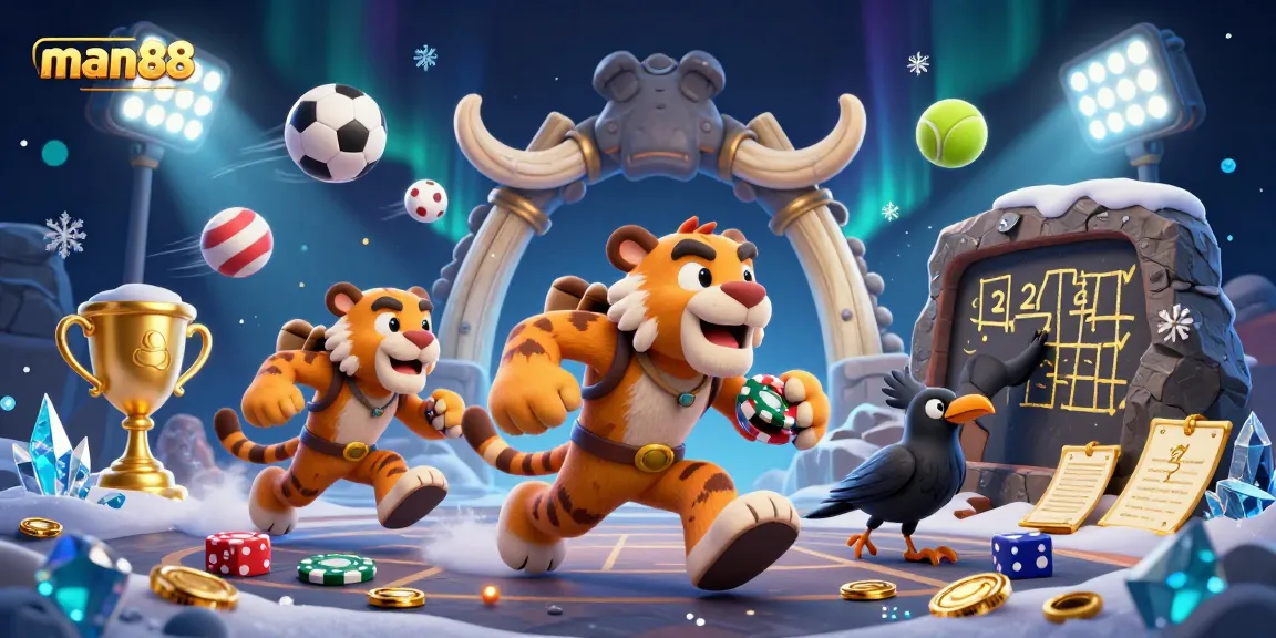 Engage with man88 in a vibrant sports betting scene with bold characters and elements.