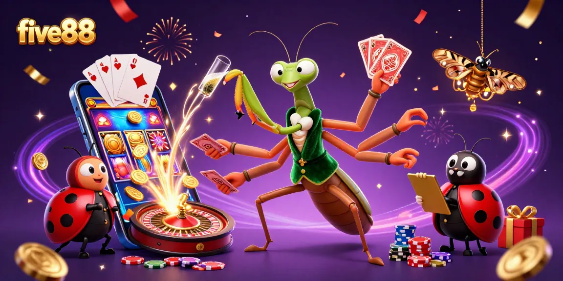 Engage with five88 casino's thrilling atmosphere featuring characters in a vibrant, dynamic gaming scene.