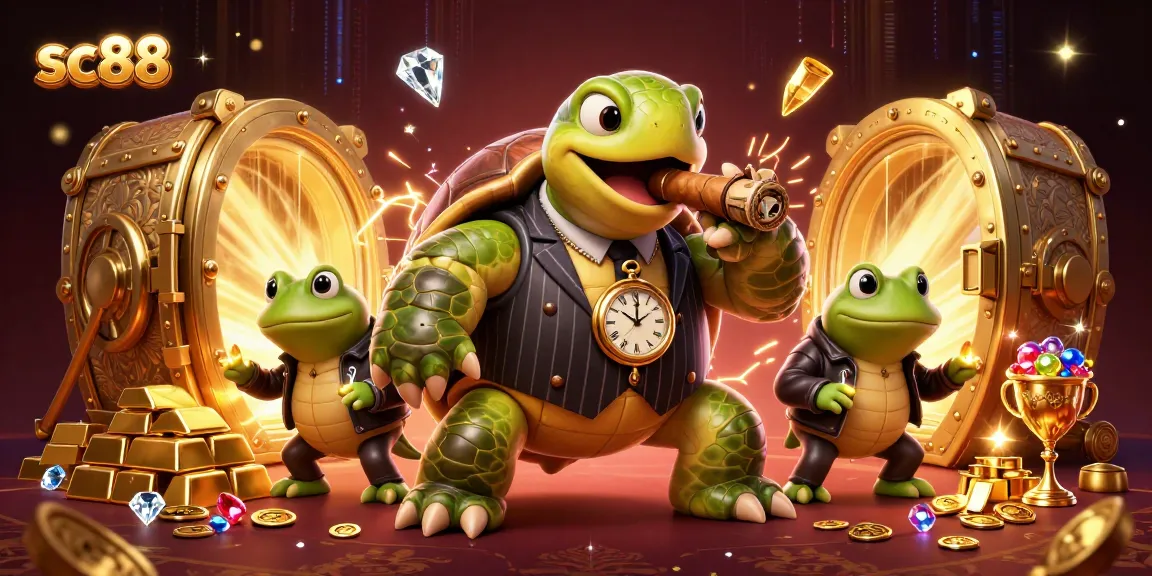 sc88 casino scene with a snapping turtle mobster and bullfrog enforcers celebrating in a treasure vault