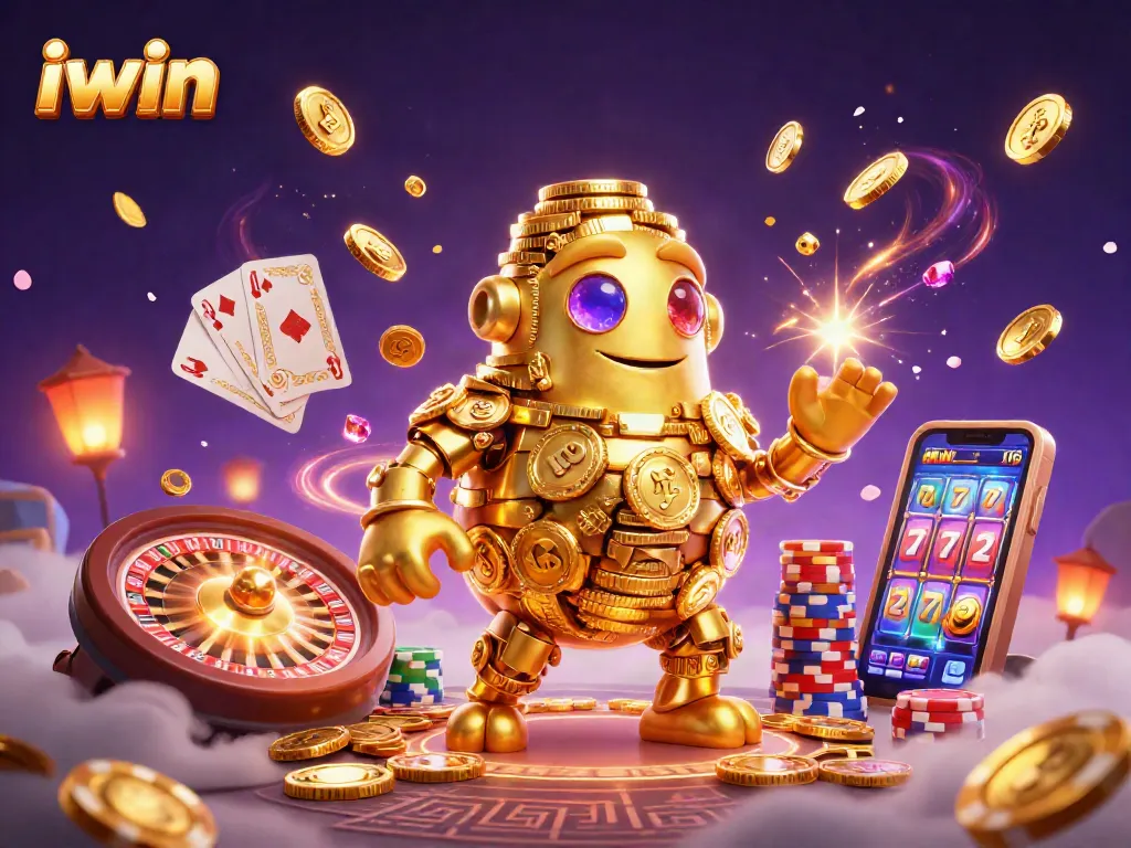 iwin offers thrilling casino action with a golden golem, coins, and vibrant game elements.