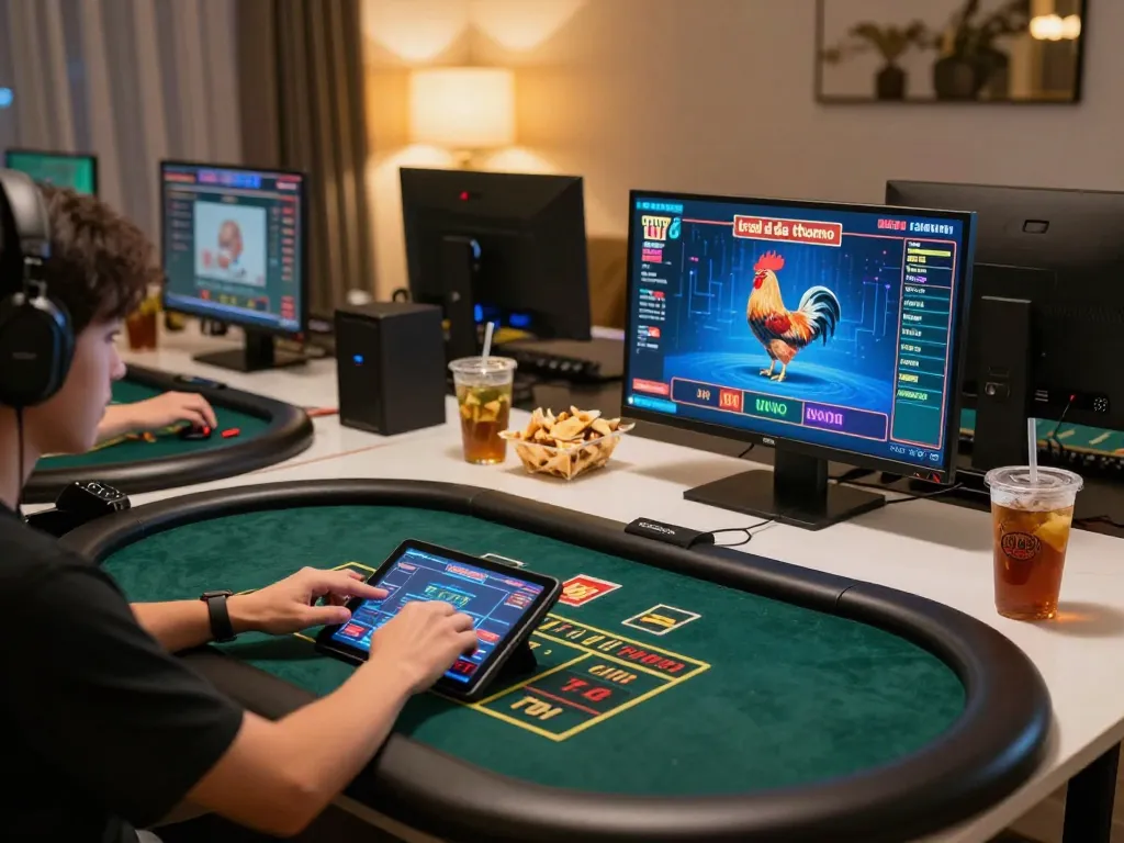 Engaging scene of players enjoying trực tiếp đá gà thomo on live betting platform in cozy home setting