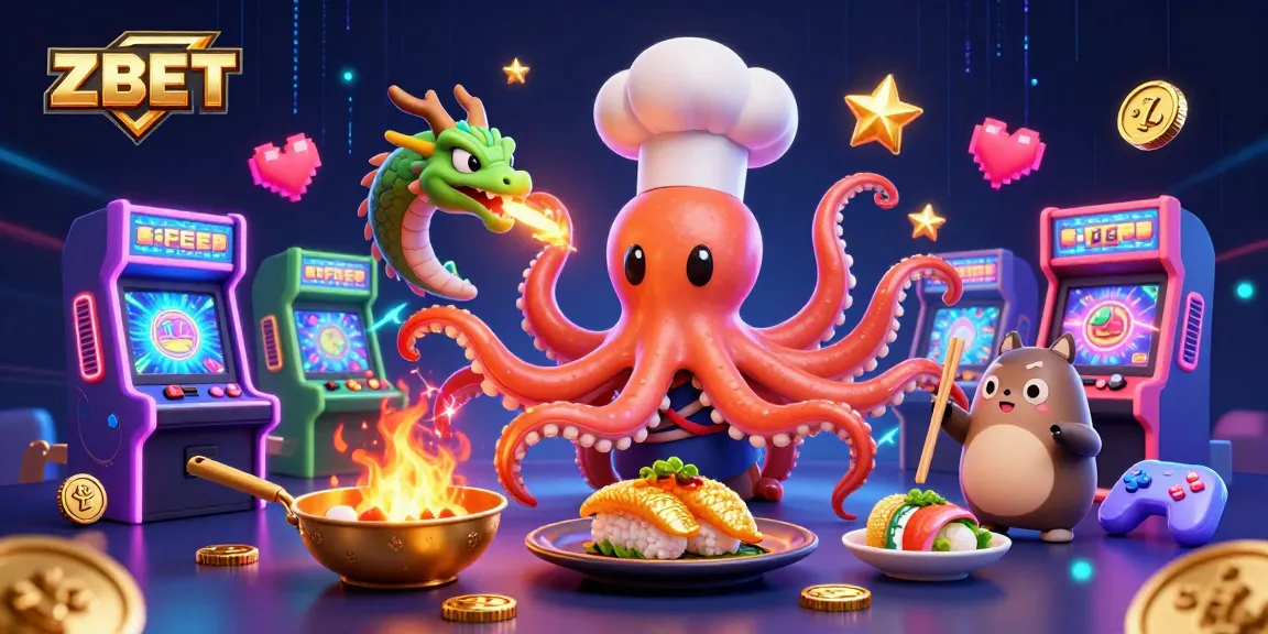 Experience ZBET's vibrant gaming scene with a cartoon octopus, dragon, and tanuki in action!