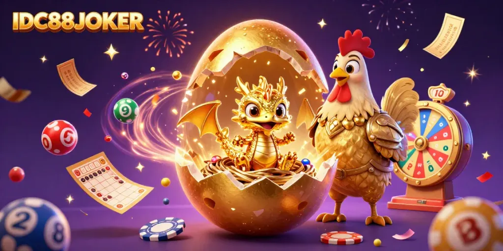 Experience thrilling gameplay at IDC88JOKER with a dazzling golden dragon emerging from a nest of poker chips.