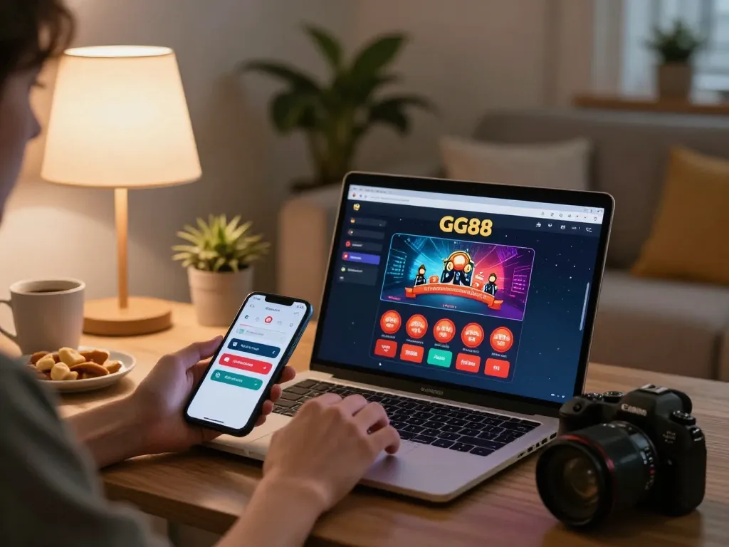 Engaging in online gaming with GG88 from a cozy living room setting, featuring laptop and smartphone.