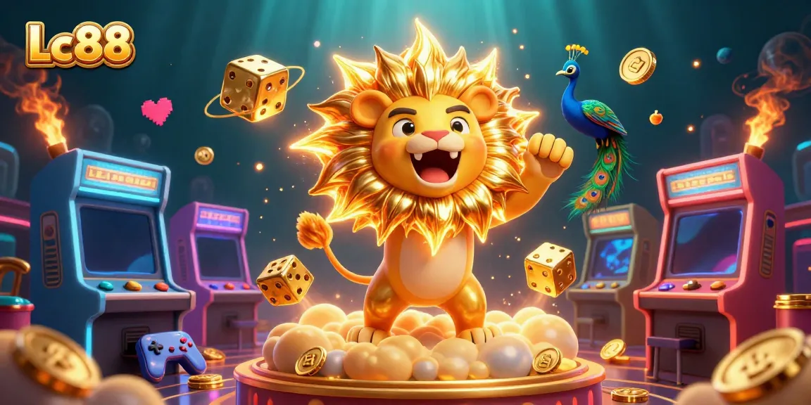 Experience the thrilling casino vibes of Lc88 with a vibrant 3D illustration featuring a roaring lion and golden dice.