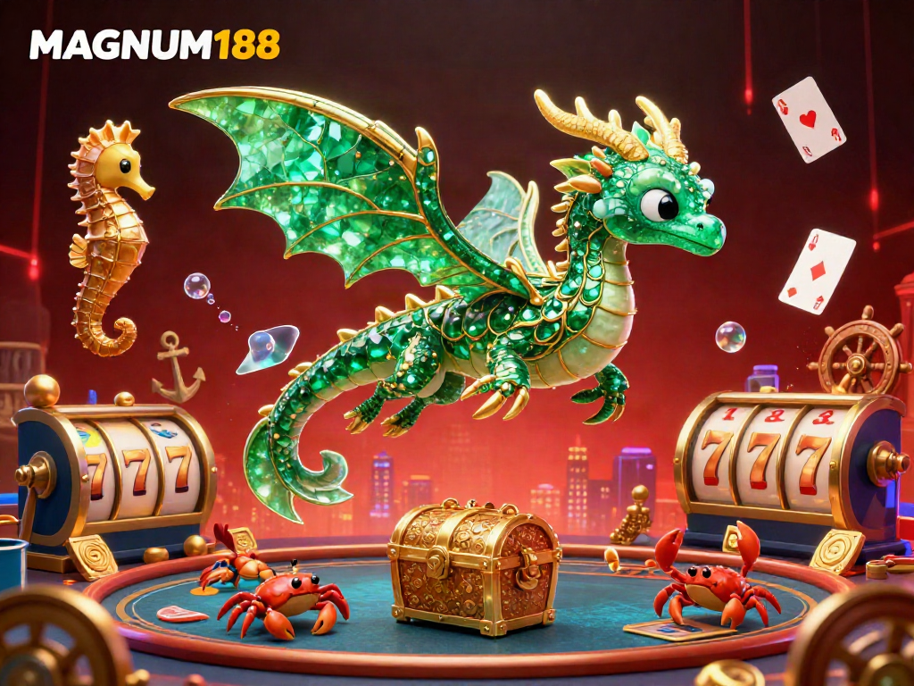 Experience the thrill of MAGNUM188 through a vibrant underwater scene blending slot reels and a majestic sea dragon.