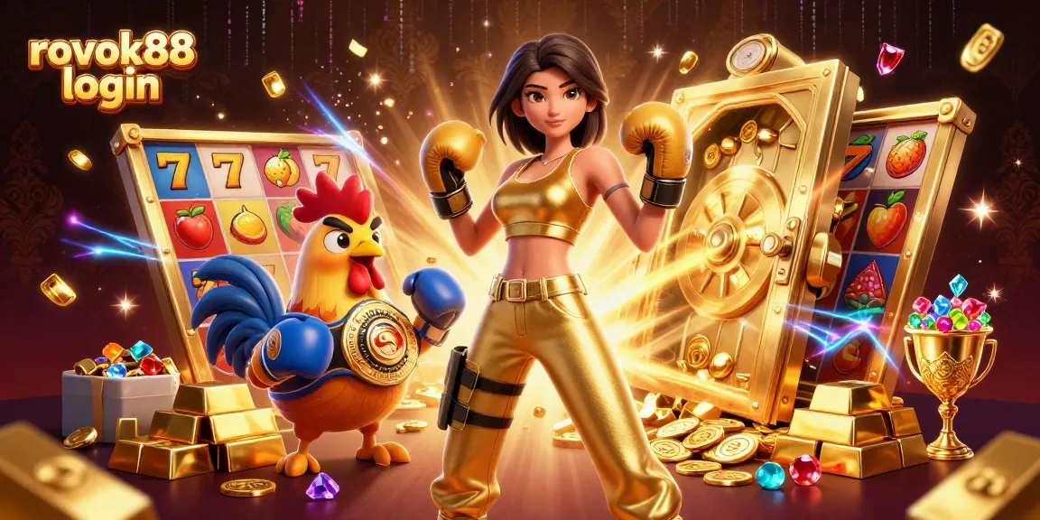 Login to rokok88 and witness a vibrant casino scene filled with excitement, slots, and treasures.