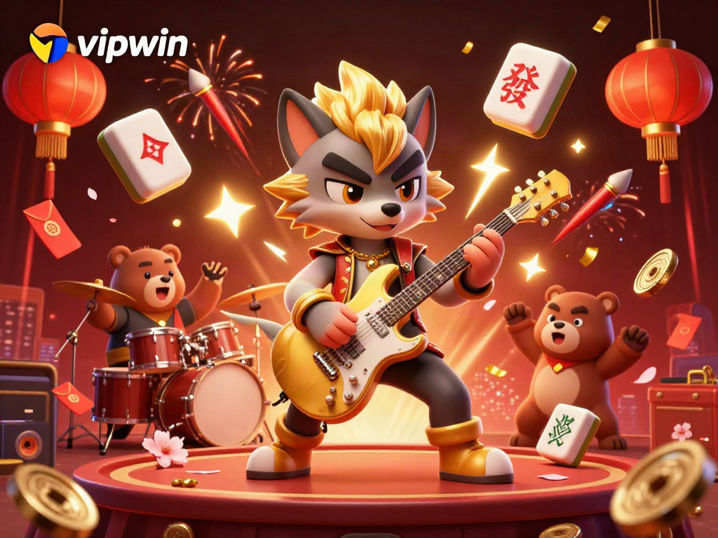 Experience thrilling gaming with vipwin as a rock star wolf and drummer bear light up the casino stage.