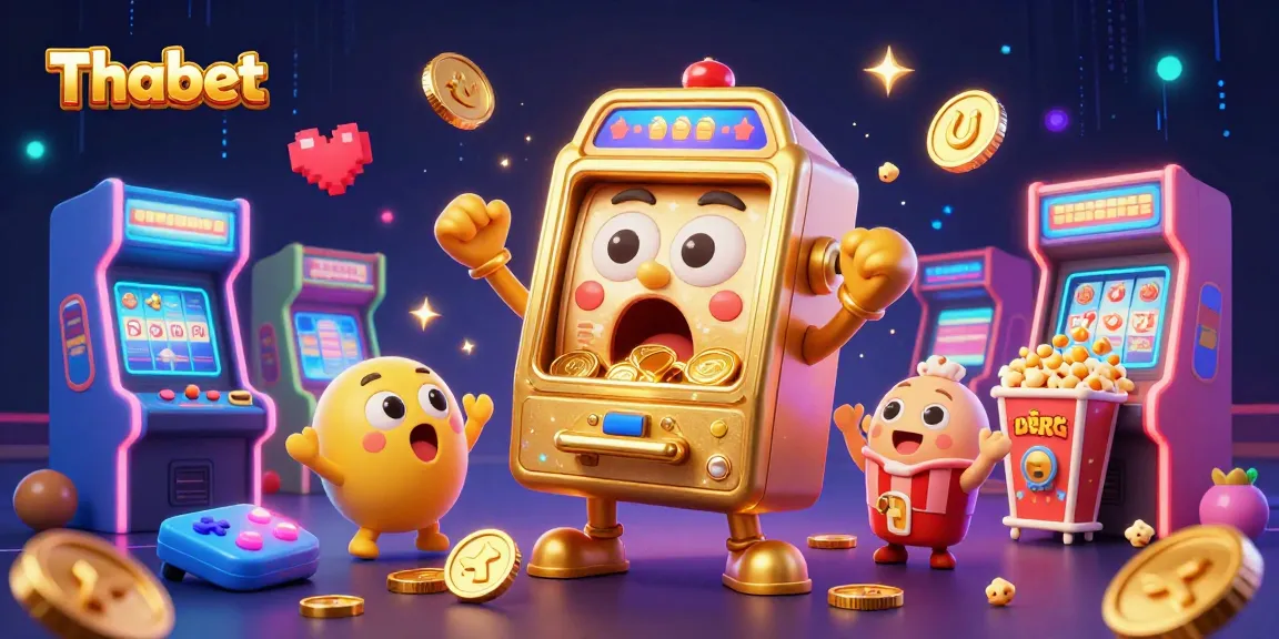Thabet slot machine wins jackpot, surrounded by cheering machines and game elements in action.