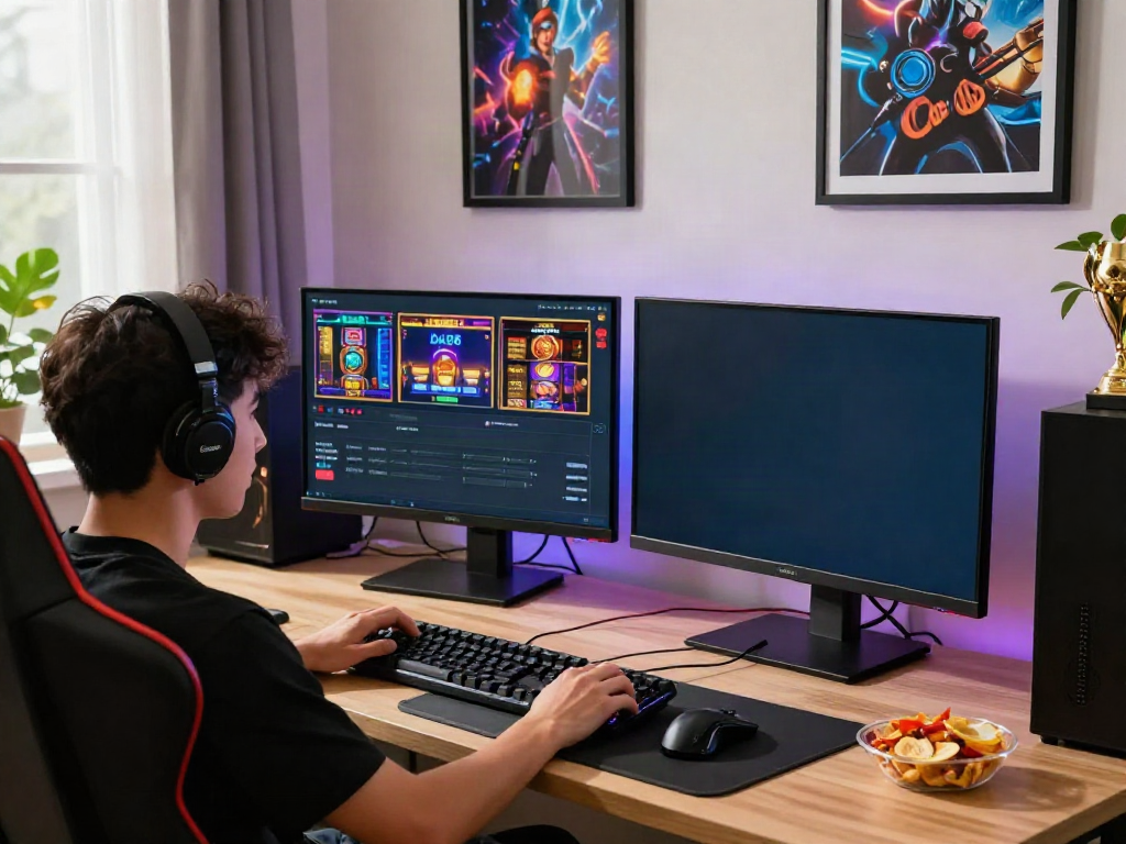 Engaged gamer enjoying DA88 online slot games at a modern desk.