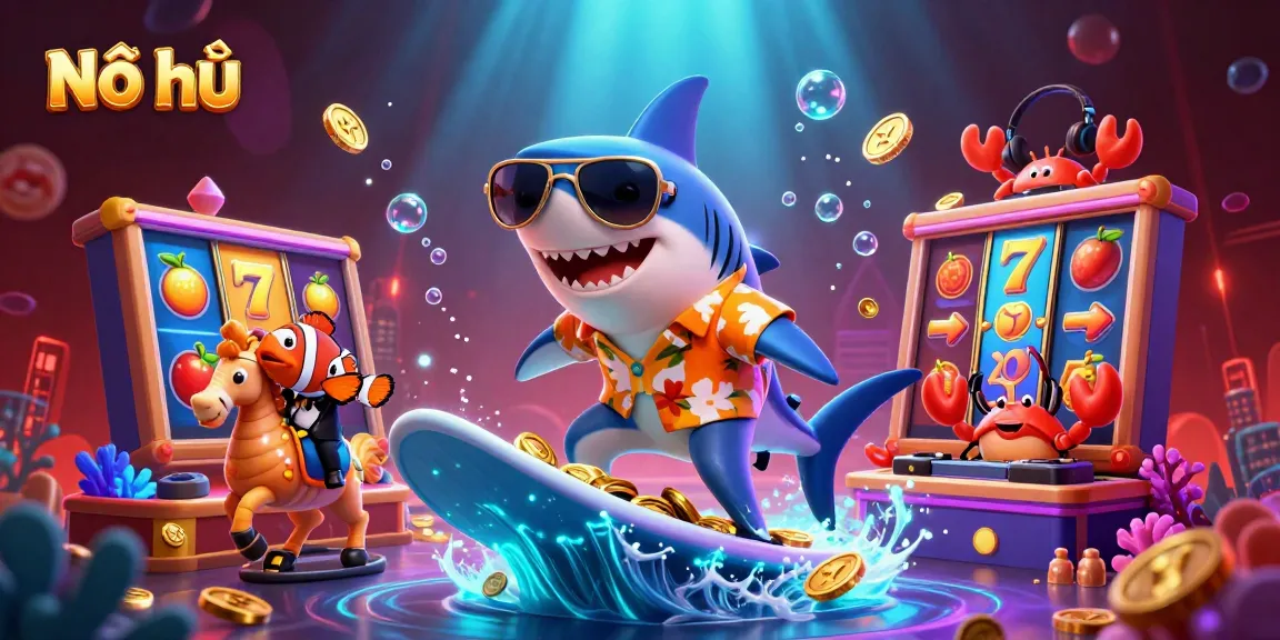 Nổ hũ showcases a shark surfing on gold coins amidst colorful slot reels, energizing the gaming scene.