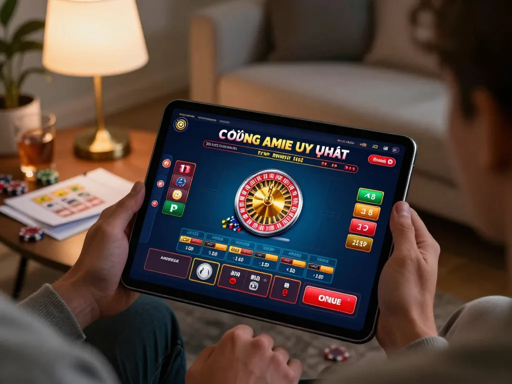 Player exploring a cổng game uy tín on a tablet, engaging with live roulette in a cozy modern setting.