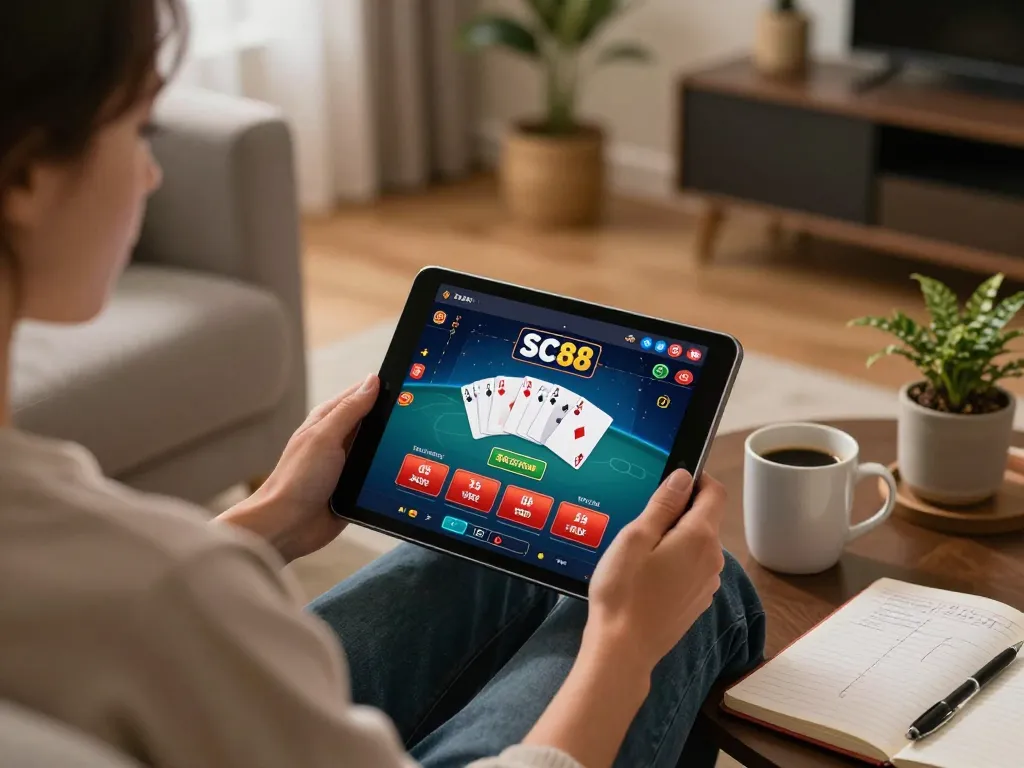 Person enjoying mobile gaming with SC88 app on tablet in a cozy home setting.