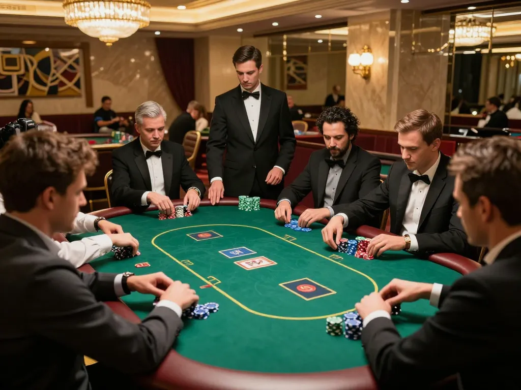 Professional players engage competitively at LC88 poker table in luxurious casino.