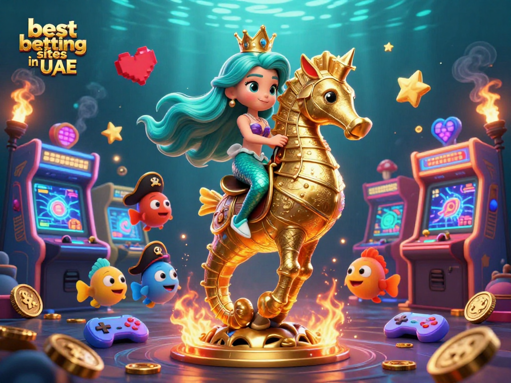 Engage with the best betting sites in UAE illustrated through a mermaid princess and her seahorse, showcasing colorful casino gaming elements.