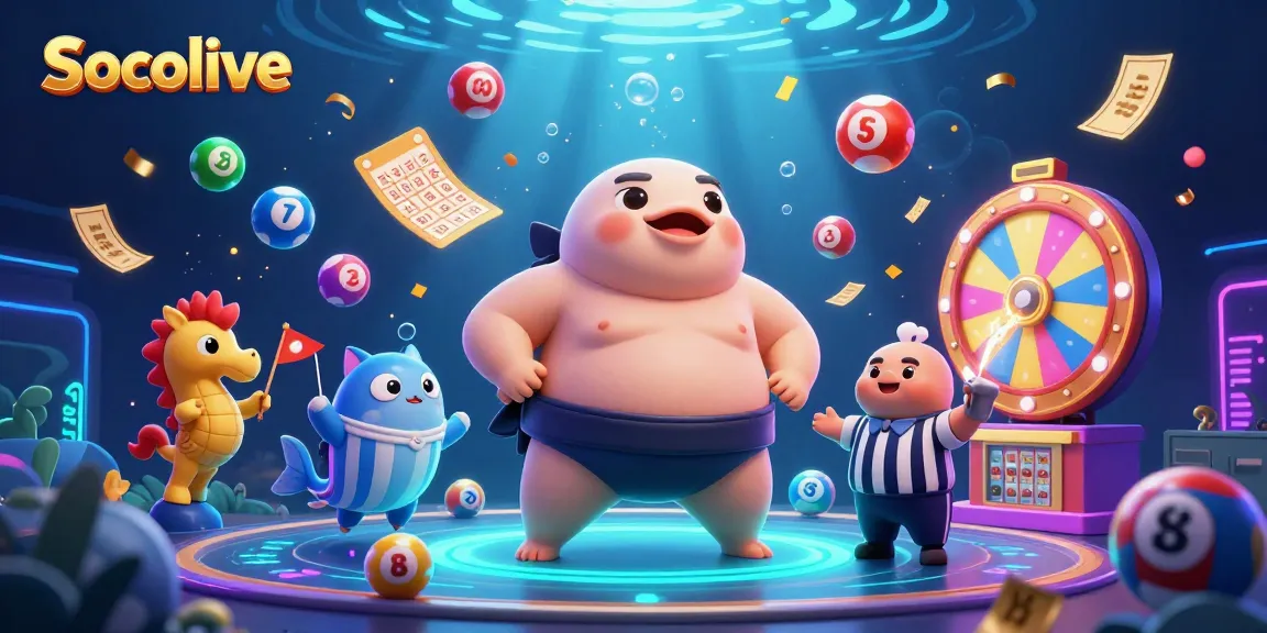 Socolive features a vibrant underwater gambling scene with a dynamic fugu character, catfish referee, and colorful lottery balls.