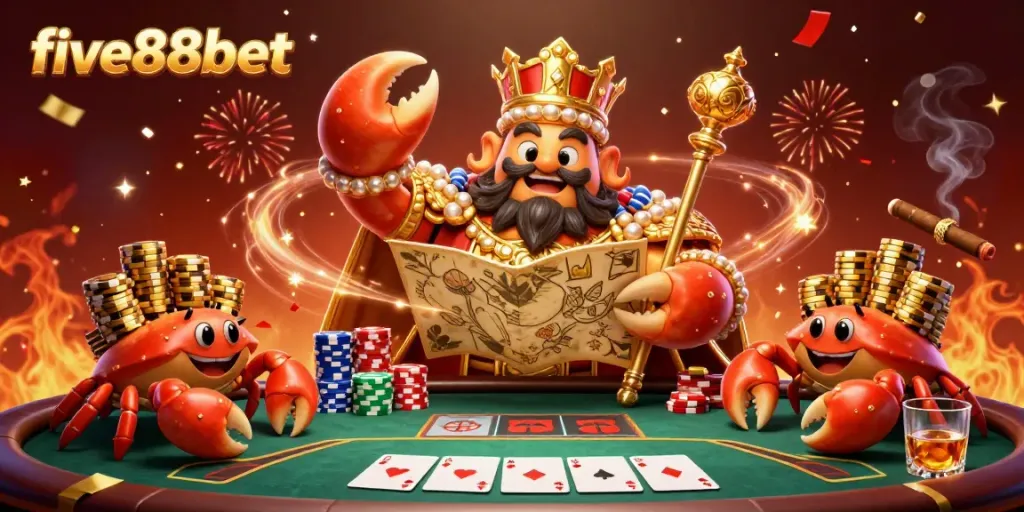 Experience thrilling gameplay at five88bet with a vibrant 3D casino scene featuring a golden crab emperor.