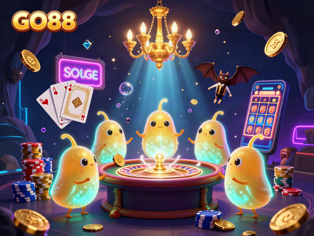 Experience thrilling gaming at GO88, where glowworms create vibrant energy amidst cascading golden coins and illuminated tables.