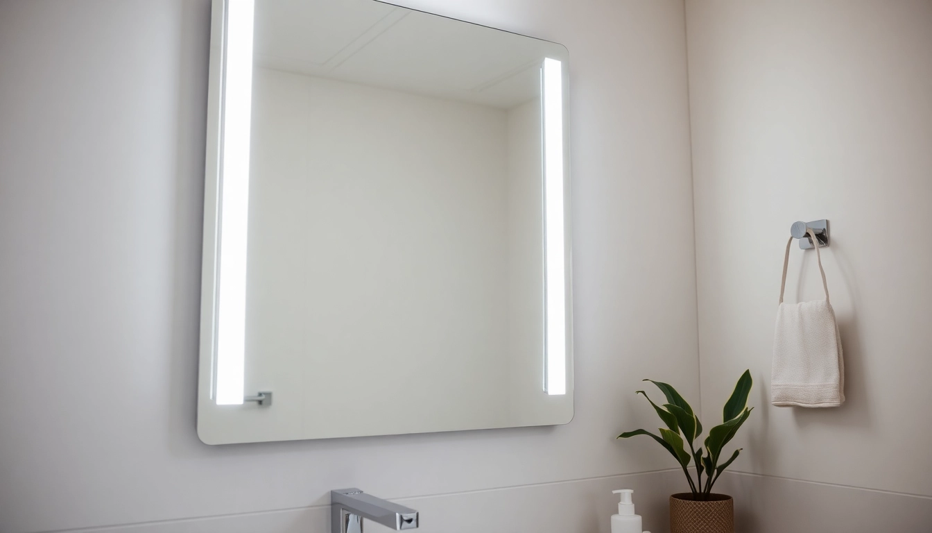A beautifully designed mirror and led lights illuminating a modern bathroom space.