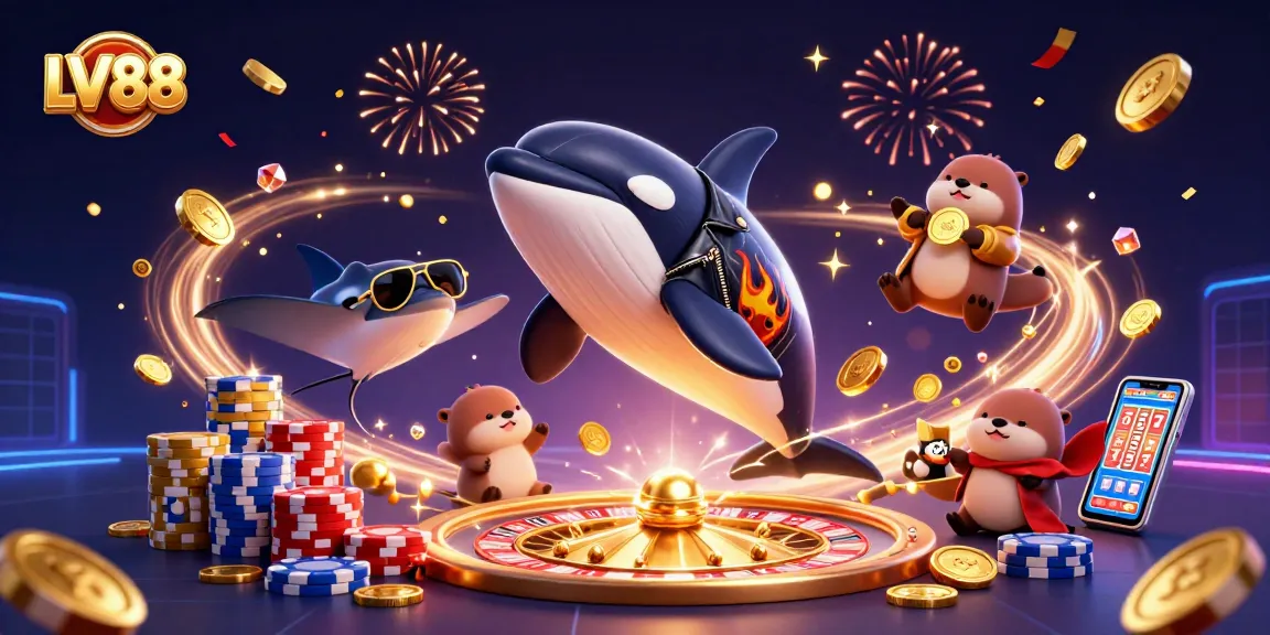 Engage with LV88's thrilling gaming atmosphere featuring dynamic characters, treasure, and vibrant casino elements.