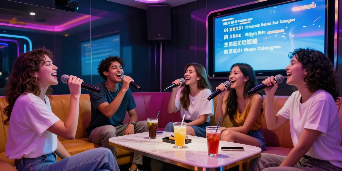 다낭 가라오케에서 노래를 부르는 친구들, 화려한 조명과 즐거운 분위기의 KTV