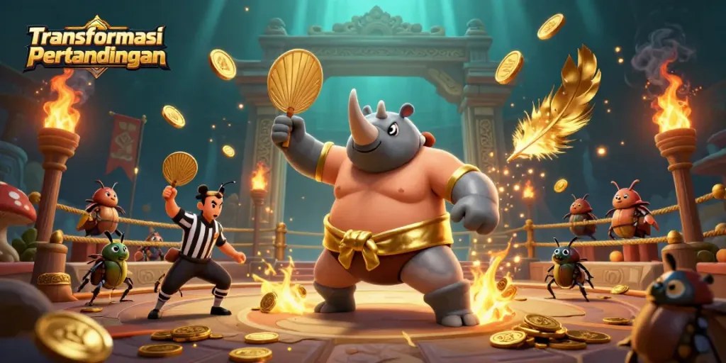 Transformasi Pertandingan scene with a sumo beetle champion and cricket referee amidst flying coins and atmospheric effects.