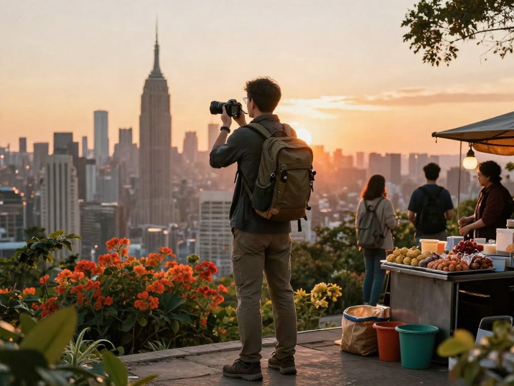 Traveling enthusiast capturing the sunset at a landmark, exploring the rokok88 link in travel.