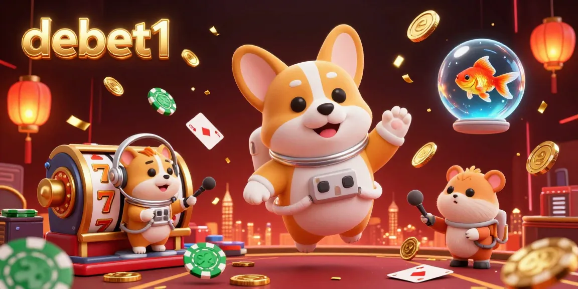 Engage with debet1's thrilling 3D digital casino scene featuring a corgi and vibrant game elements.